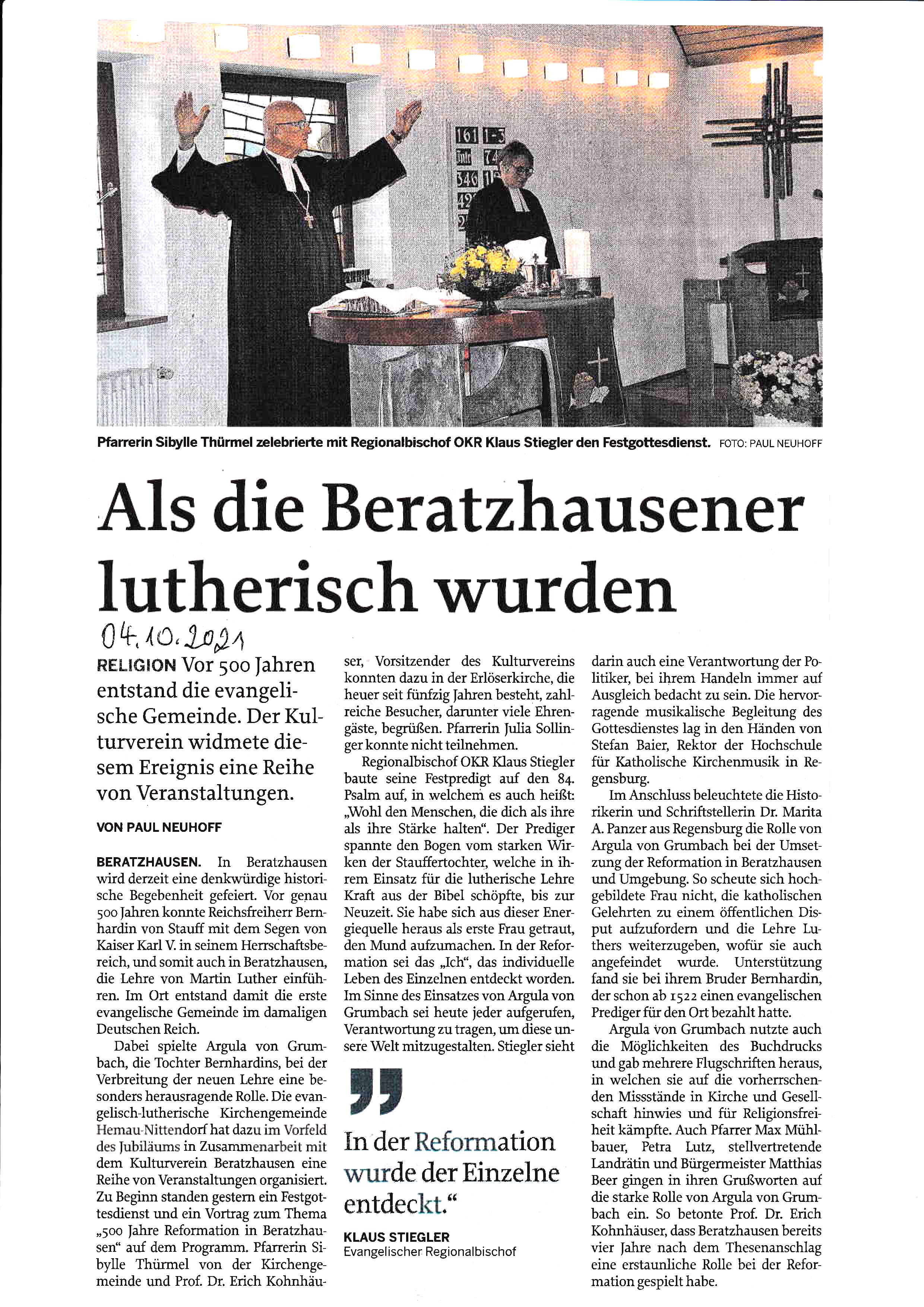 Bericht in der Mittelbayerischen Zeitung vom 04.10.2021